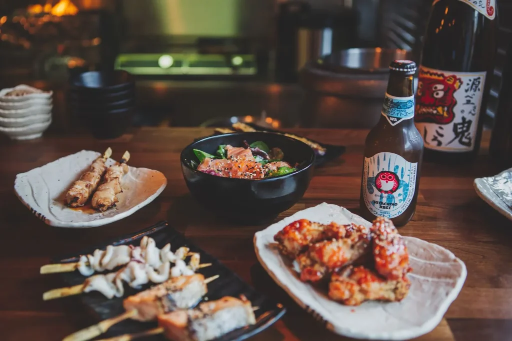 Skewers, salmon poke bowl and glazed wings at Bincho Yakitori, Brighton