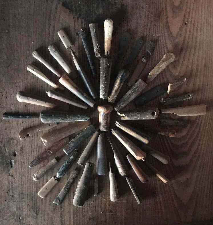 Knife handles, Roman to 19th century, from the Thames foreshore. Bone, ivory, wood and antler.