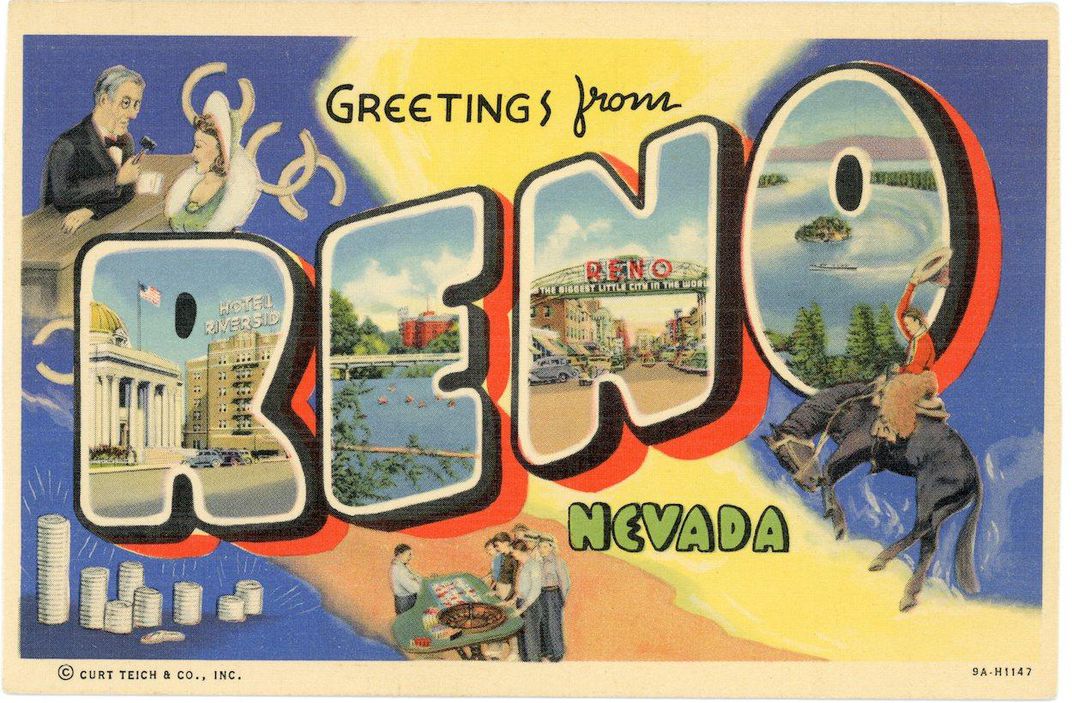 greetings from reno vintage travel postcard