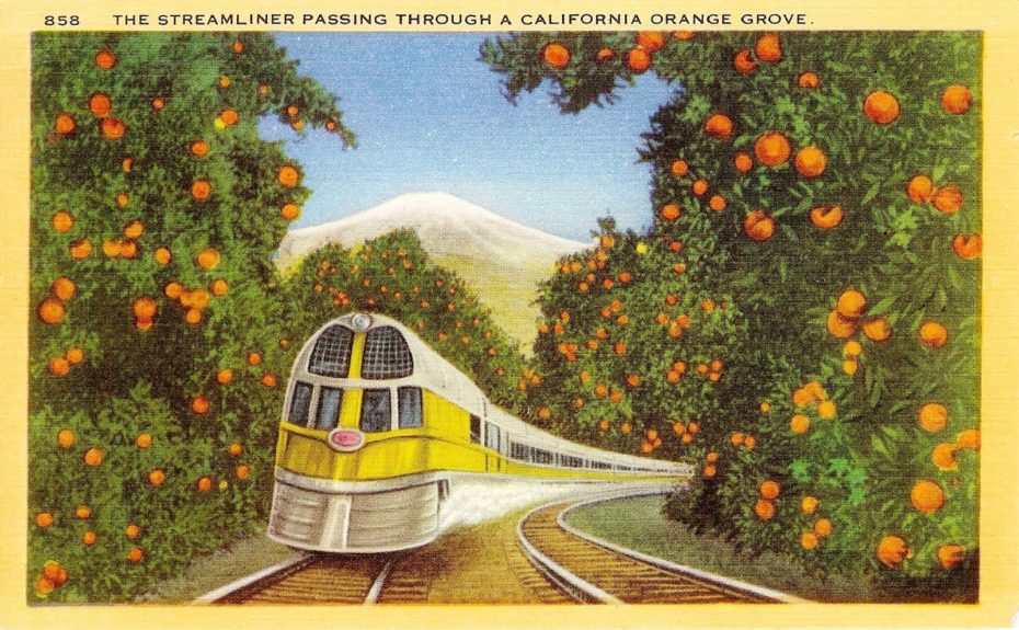 coloured postcard of train