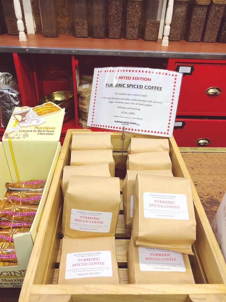 bags of coffee on a shop counter