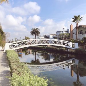 white curved bridge over a canal
