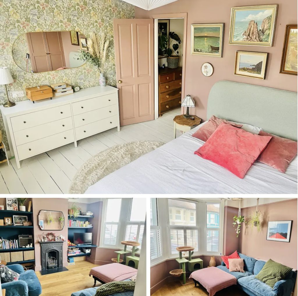 photos of a house in brighton on Airbnb with a pastel coloured interior design