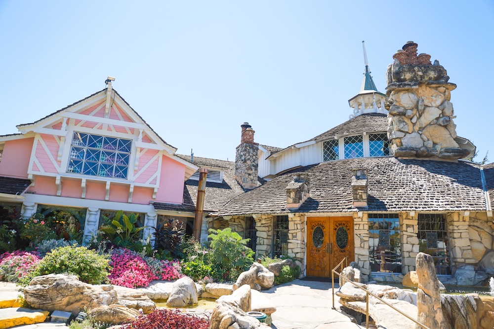 Pink and stone exterior of the Madonna Inn in San Luis Obispo, California