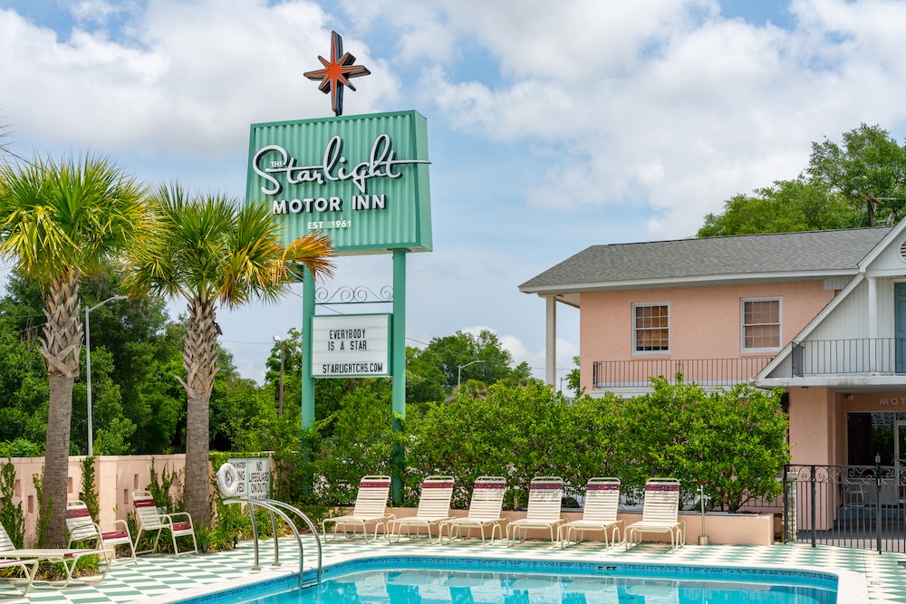Starlight Motor Inn sign and checkerboard pool deck in North Charleston, South Carolina